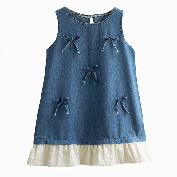 Splozh Kid Dresses 2T 3T 4T 5T 6T 7T Toddler Girl's Cute Bow Denim Dress Sleeveless Ruffle A Line Tank Dresses,Blue,6-7 Years