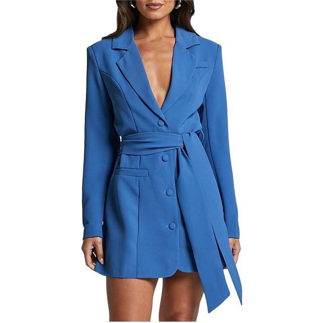 Conjunto de Blazer con Cinturón para Mujer, Gabardina Formal de Trabajo, Vestido Blazer Cruzado de Larga con Cinturón Azul Real L