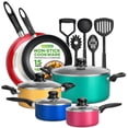 thumbnail image 1 of NutriChef Juego de utensilios de cocina antiadherentes de 15 piezas sin PFOA/PFOS, laca colorida resistente al calor con cacerola, sartenes, olla para horno, tapas, 5 utensilios - NCCWCOR15, 1 of 5