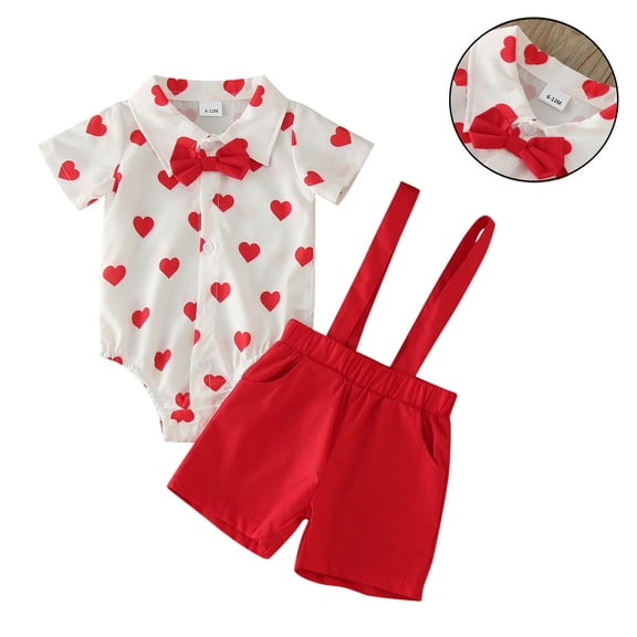 Toddler Boy Valentines Day Outfit Short Sleeve Heart Print Button Down Shirts Bodysuit and Suspender Pants Set Cute Boy Outfits Boys 12-18 Months Outfits