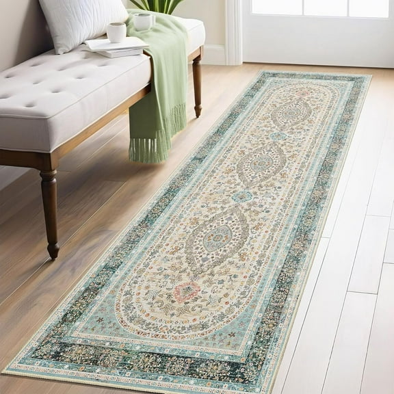 Washable Runner Rug 2x8, Blue Rug Runners Non Slip, Long Boho Rugs for Hallways Kitchen Bedroom Entryway Living Room Bathroom, Vintage Bohemian Distressed Oriental Floor Carpet, Floral