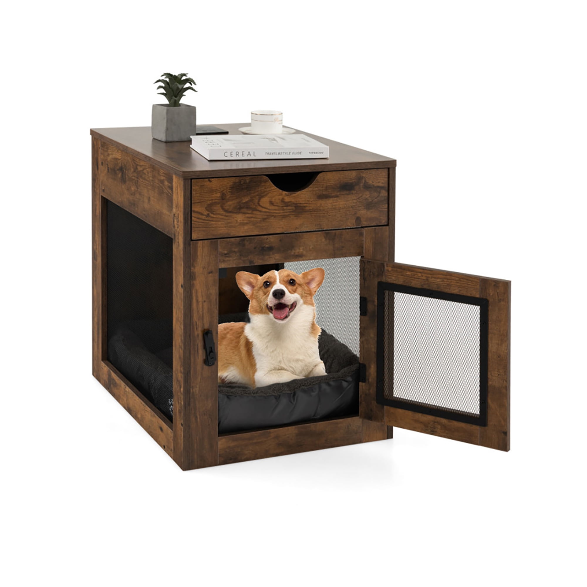 Kadyn 25" Dog Crates for Medium Dogs, Wood Dog Cage Furniture with Drawer and Removable Dog Bed, Dog Kennel for Indoor, Dog House, Brown
