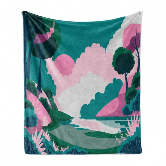 Landscape Soft Flannel Fleece Throw Blanket, Scene of Lake Overview Along Sun Bushes Trees River Valley Natural Setting, Cozy Plush for Indoor and Outdoor Use, 70" x 90", Pink and Teal, by Ambesonne