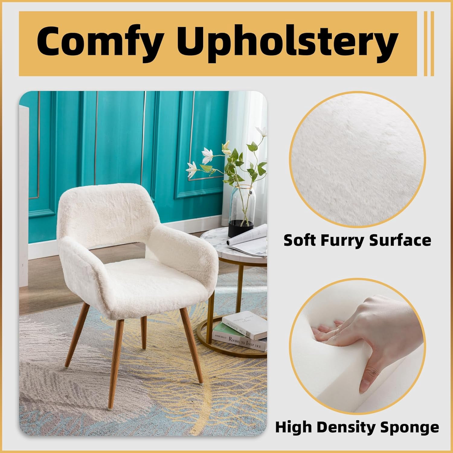 CRXX Desk Chair, Modern Home Office Chair Without Wheels, Faux Fur Vanity Chair with Hollow Backrest, Comfy Armchair Wood Frame with Strudy Metal Legs, White