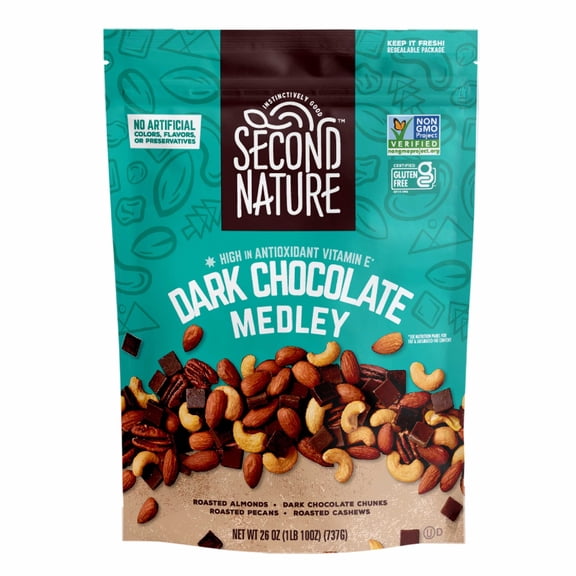Second Nature Dark Chocolate Medley Trail Mix, 26 oz. Resealable Pouch (Pack of 1) – Certified Gluten-Free Snack Mix – Dark Chocolate and Nut Trail Mix Ideal for Quick Travel Snacks or L
