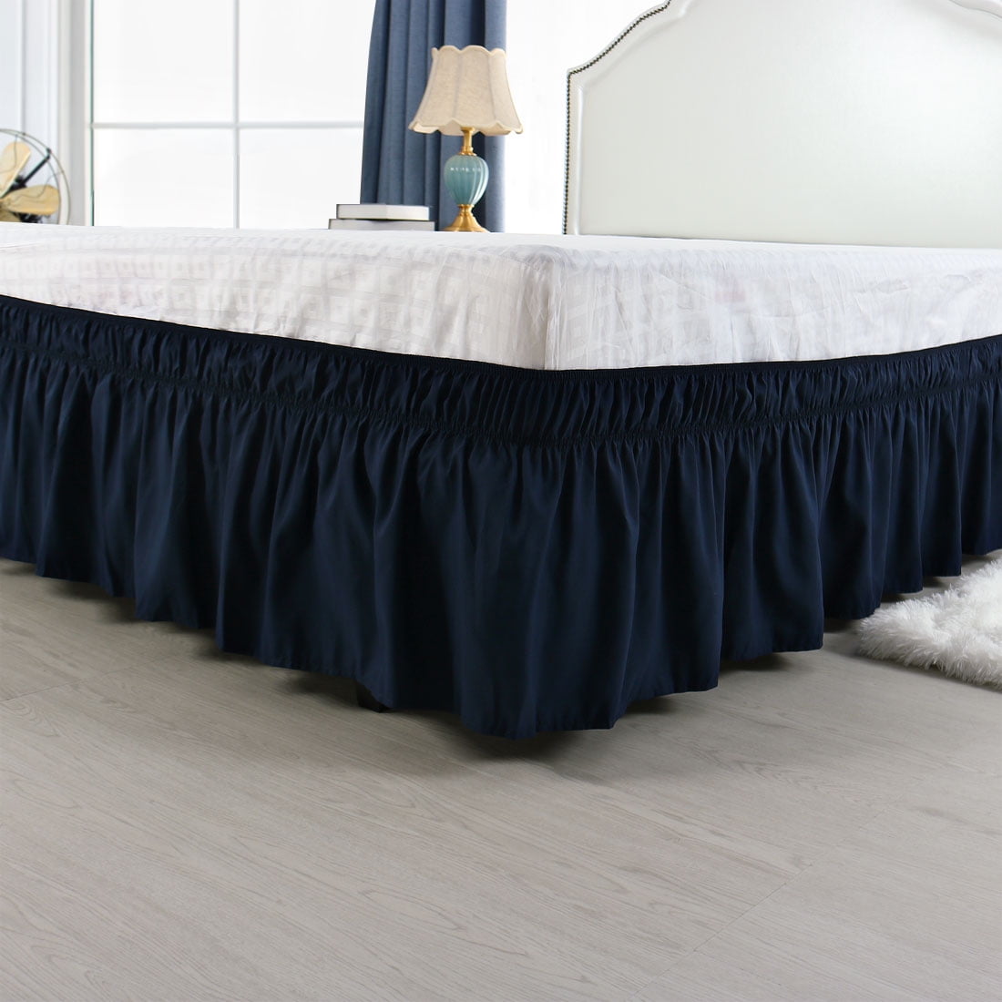 Unique Bargains Elastic Dust Ruffled Bed Skirt with 15" Drop Full Navy Blue