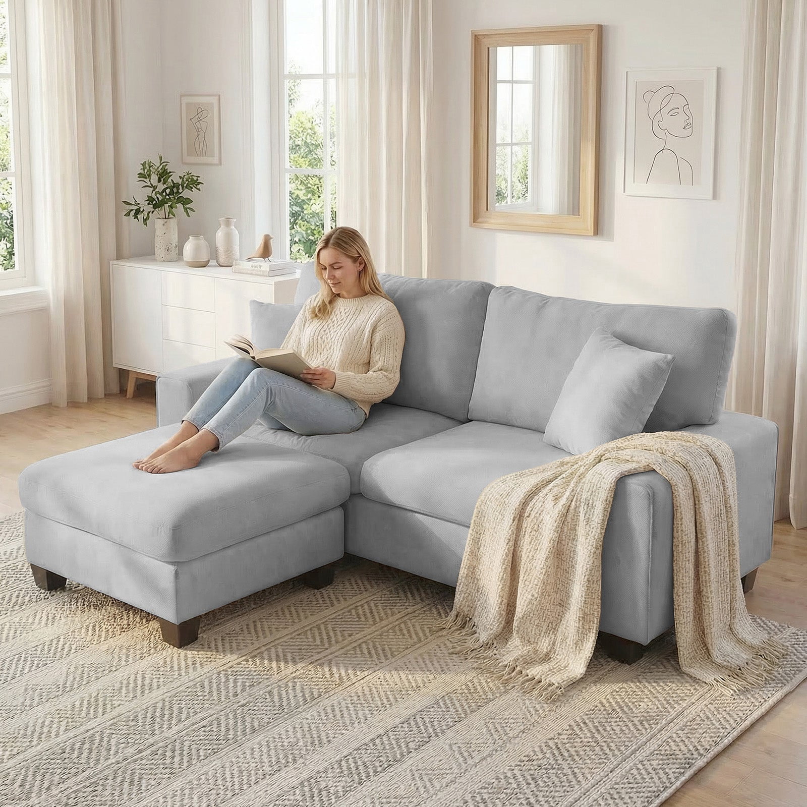 Poshby 88.58''W Sectional Sofa 3 Seater Couch with Chenille, Modern Square Arm for Living Room, Light Gray