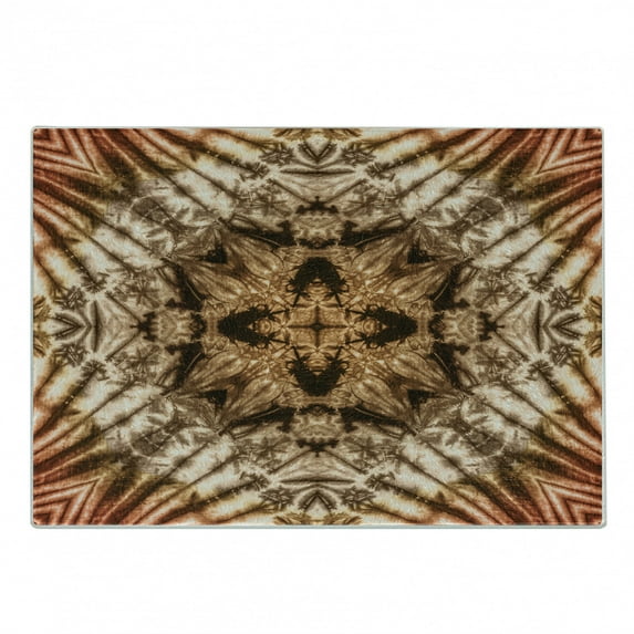 Ethnic Cutting Board, Object Silhouette Form Generated Tie Dye Effect Technique Image, Decorative Tempered Glass Cutting and Serving Board, Small Size, Brown Orange, by Ambesonne