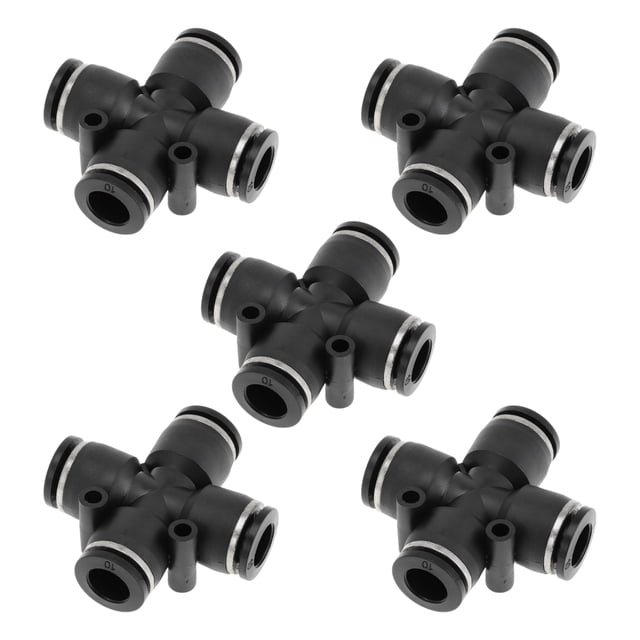 Conectores de aire Push to Connect de Unique Bargains 3/8" en cruz, plástico, 5 piezas, tono negro y plateado