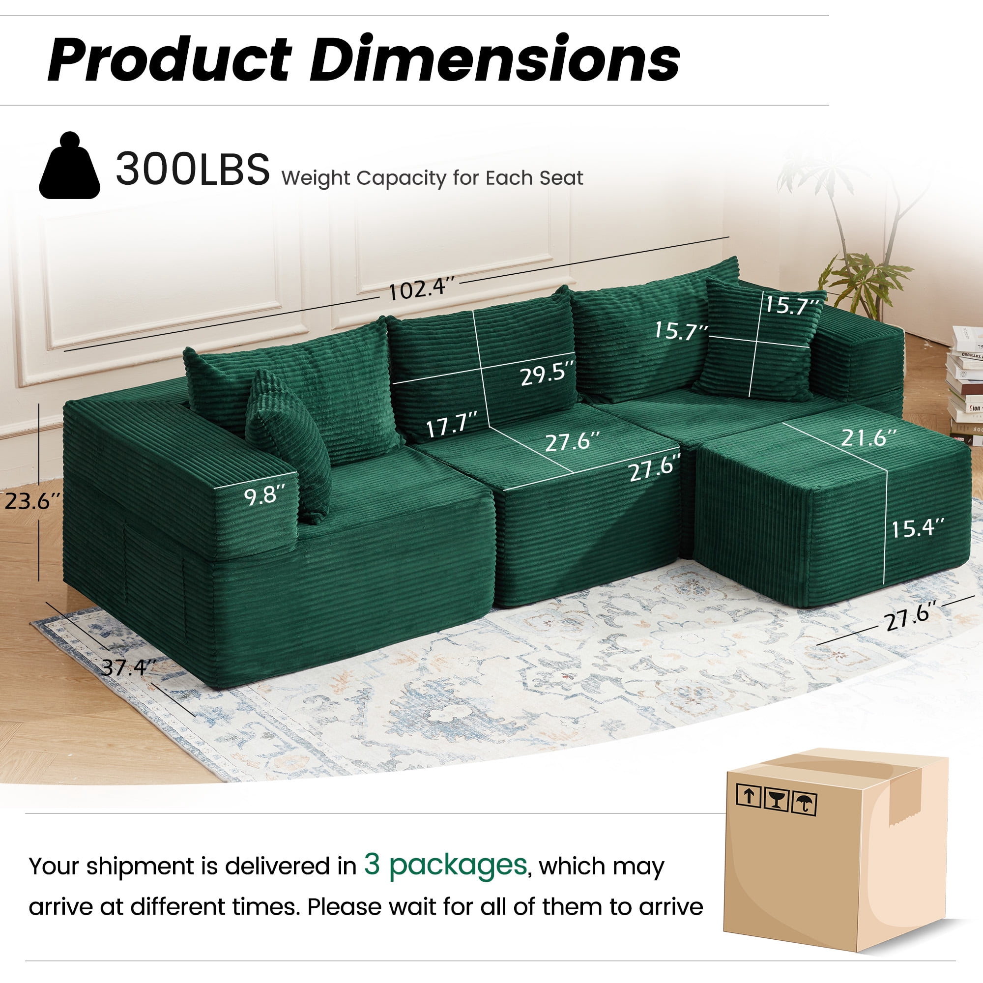 Vicluke 102" Cloud Couch Sectional, L Shaped Modern Sofa with Ottoman, Comfy Corduroy Fabric Modular Sectional Sofa in a Box, Boneless Couches for Living Room, No Assembly Required (Green)