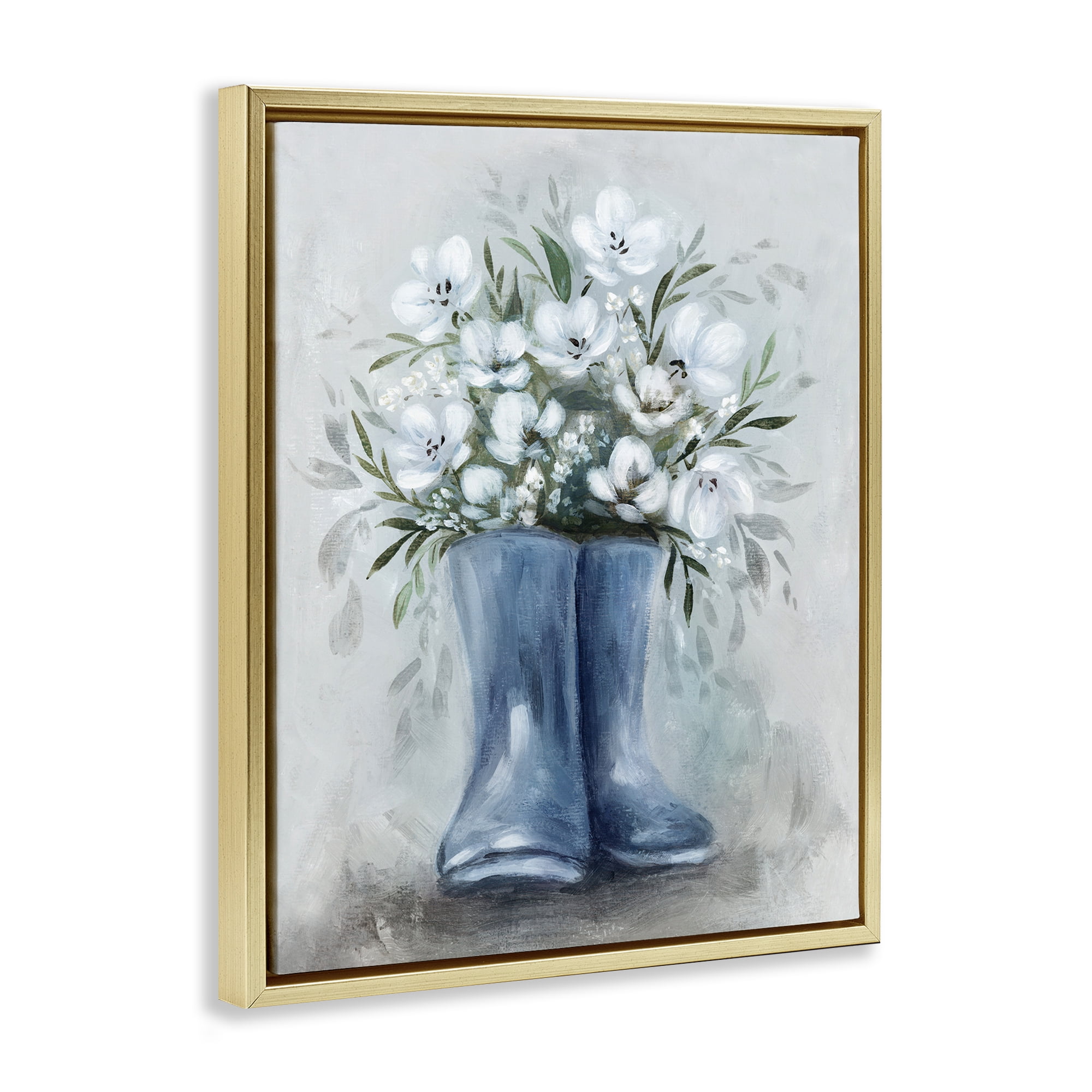 Stupell Industries Botanical Bouquet in Blue Boots Gold Framed Floater Canvas Wall Art, design by Kristen Brockmon