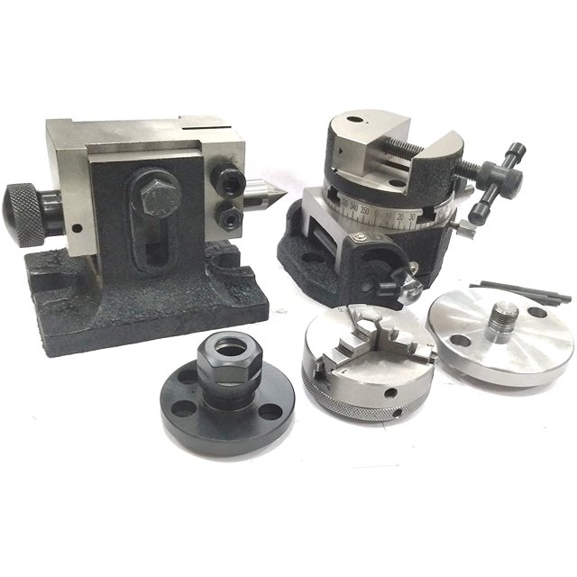 Assortiments Table Rotative Inclinable 3 Pouces Pouces/80 mm avec Étui Rond, Adaptateur de Collier Er20, Queue et Mandrin avec Plaque Arrière + Boulons de Fixation en T - Outils d'Indexage de Fraisage (avec Mandrin Auto-Centrant de 65 mm à 3 Mâchoires)