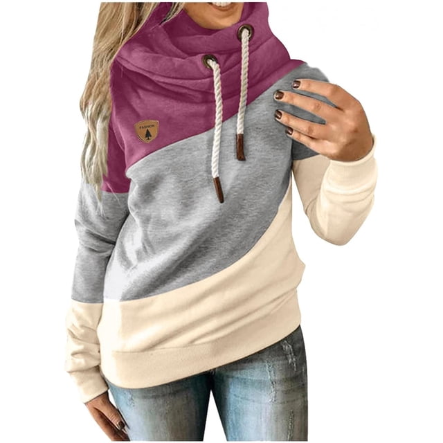 Sudadera con capucha para mujer, estilo informal, con cuello vuelto, manga larga, con bloques de color, suéteres, tops de otoño