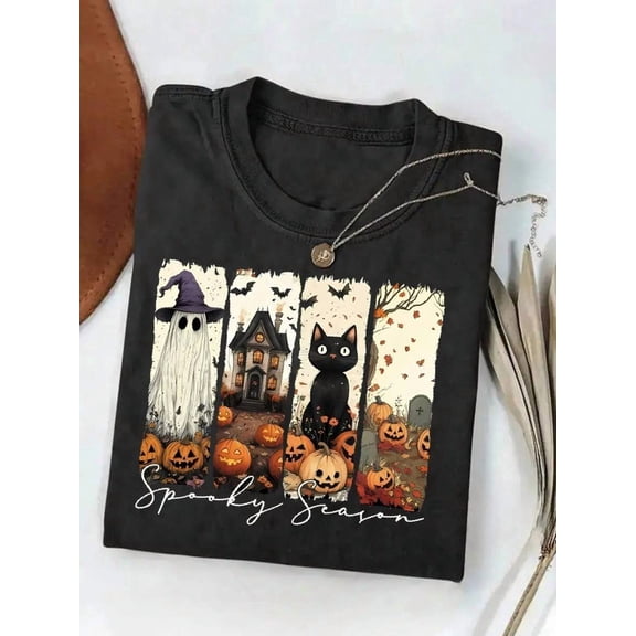 【New Arrival】Spooky Season Halloween Ghost Black Cat Pumpkin Haunted House Graphic T-Shirt, Cotton Crew Neck Short Sleeve Tee, Fall Holiday Casual Wear Halloween Party Gift