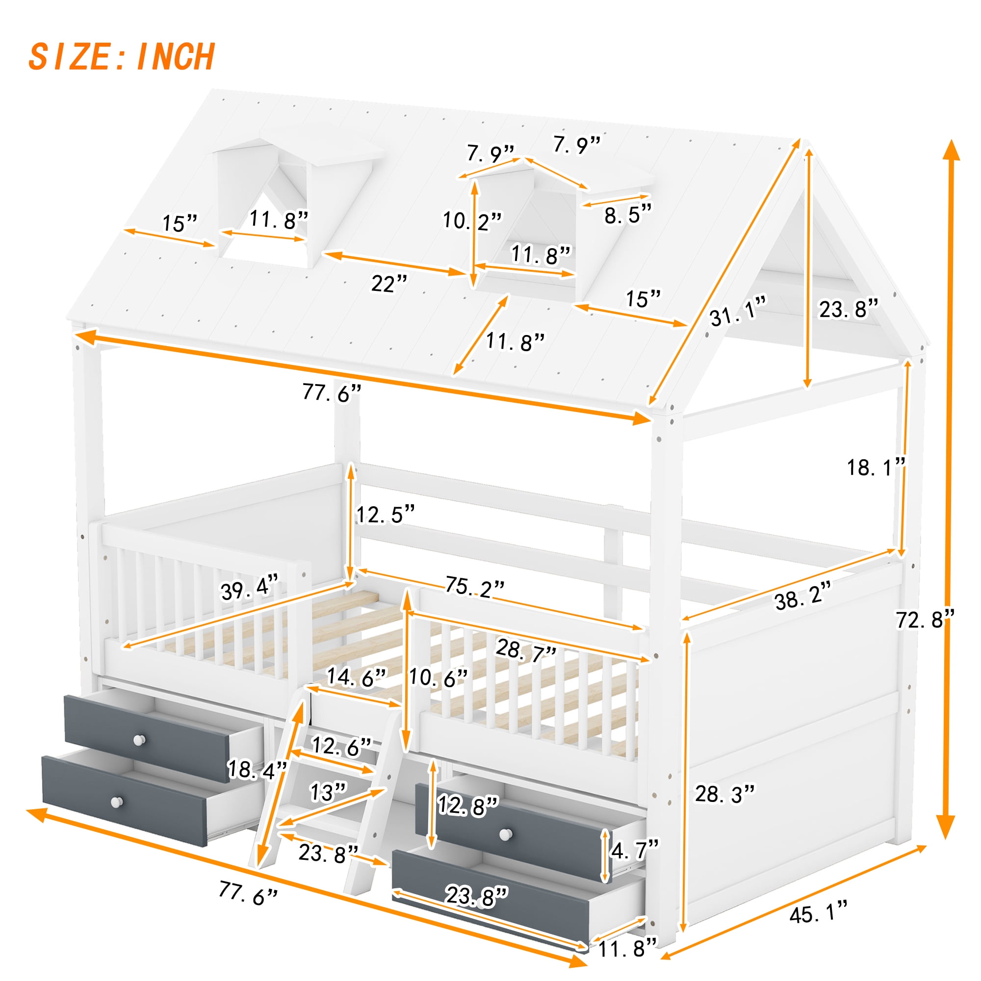 Harper & Bright Designs Twin Size Wood House Bed Frame with Fence and 4 Storage Drawers, Kids Playhouse Tent Bed with Roof and 2-step Ladder for Boys Girls Teens Bedroom, White