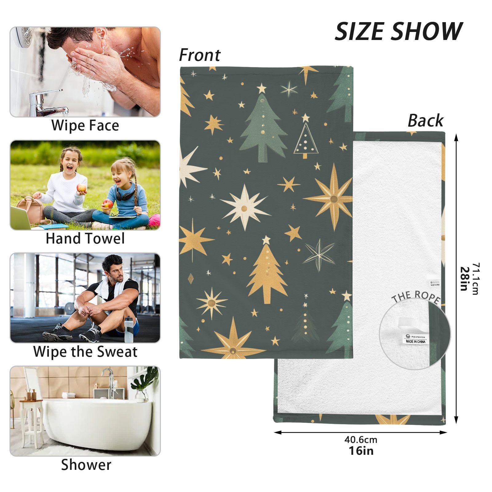 Stars and Christmas Trees Hand Towels Cotton Bath Towels Large Face Towels Absorbent for Bathroom 2 Packs