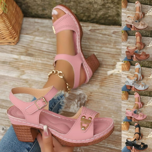 HAOTAGS Ladies Summer Breathable,Round Toe Buckle Open-Toe Ankle Strap Casual Bare Heel Sandals Pink 6.5