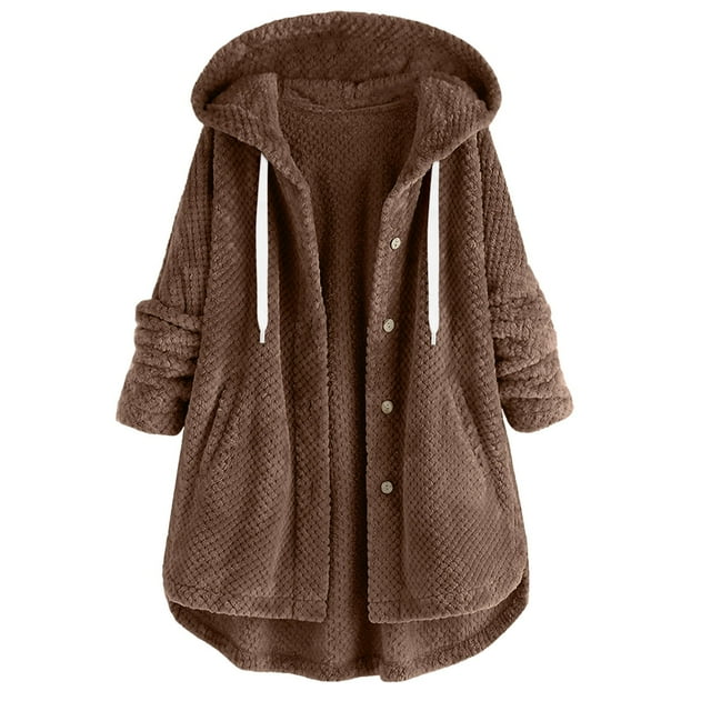 WEIYLL Womens Fleece Jackets Solid Color Hooded Long Sleeve Buttons Pockets Cardigan Brown Womens Fall Tops Casual Size L