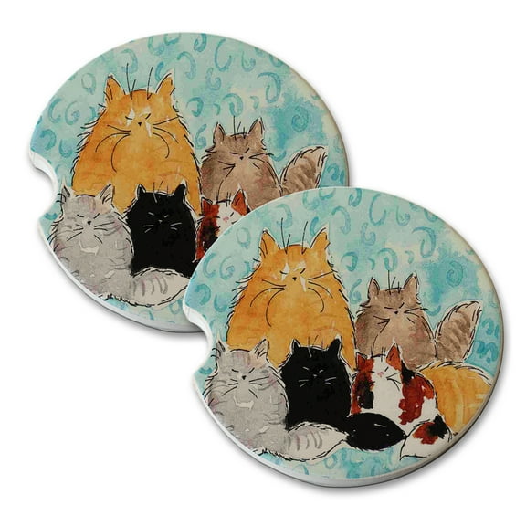KuzmarK Sandstone Car Drink Coaster (set of 2) - Maine Coon Kitty Family with Blue Swirls Cat Art by Denise Every