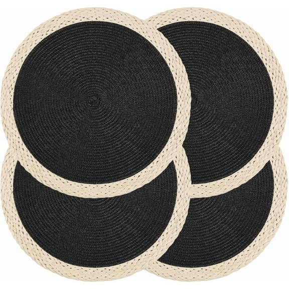 Black Placemats Set Of 4,Round Placemats,Black Table Mats,Heat Resistant Placemats,Washable Wipeable Easy Clean Heat Resistant Woven Dining Table Mats Decor for Holiday Parties Indoor Outdoor Use