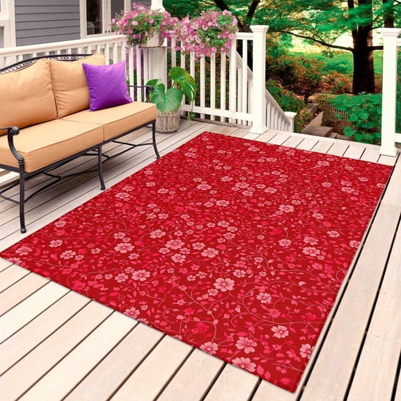 Red Christmas Outdoor Rug for Patio/Deck/Porch, Non-Slip Large Area Rug 5 x 7 Ft, Xmas Botanical Floral Indoor Outdoor Rugs Washable Area Rugs, Reversible Camping Rug Carpet Runner