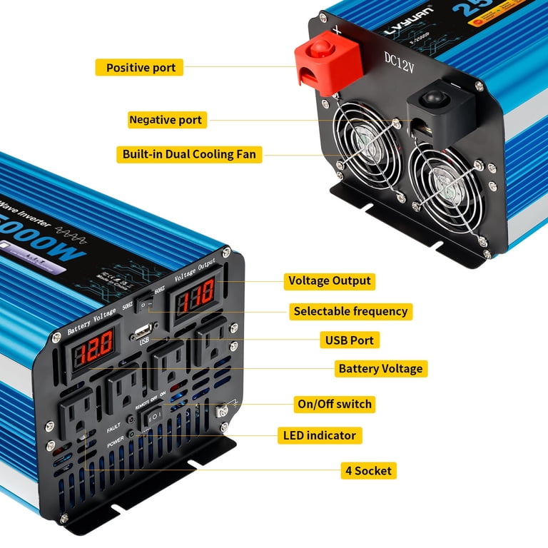 LVYUAN 2500W 5000W Peak Pure Sine Wave Power Inverter 12V DC to 