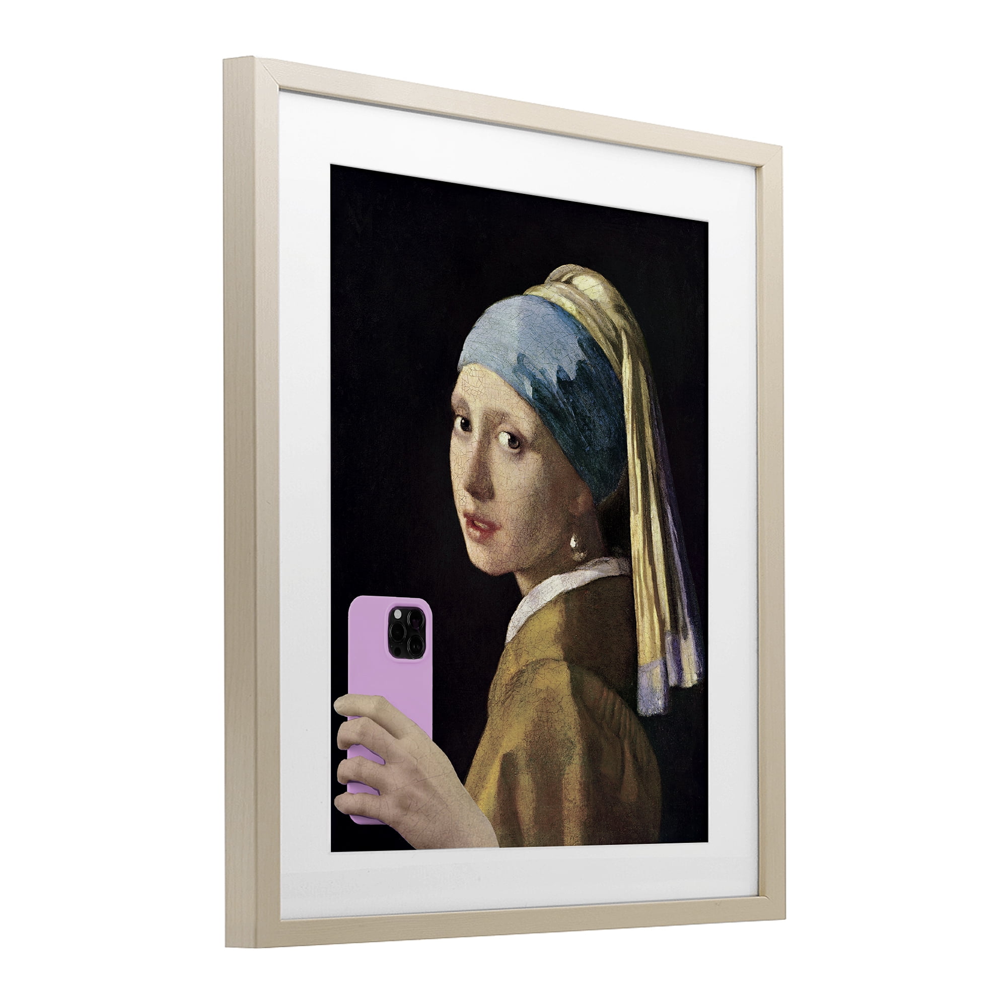 Girl With Pink Phone Funny Birch Framed Print Under Glass, design by Masters Redux