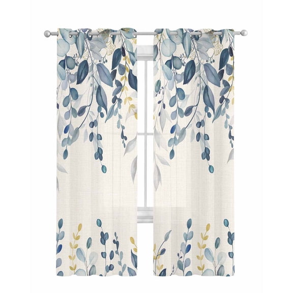 Navy Blue Eucalyptus Sheer Curtains 84 Inch Length 2 Panels Set for Living Room/Bedroom, Farmhouse Weeping Leaves Linen Kitchen Curtains Grommet Semi-Sheer Curtains Drapes Window Treatments 52"x84"x2