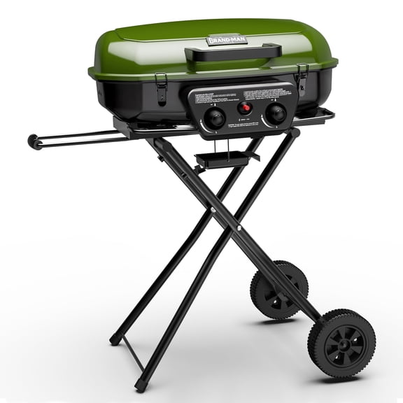 Brand Man Portable 2-Burner Camping Propane Gas Grill, Enameled Foldable BBQ with Griddle for Outdoor Cooking, Green
