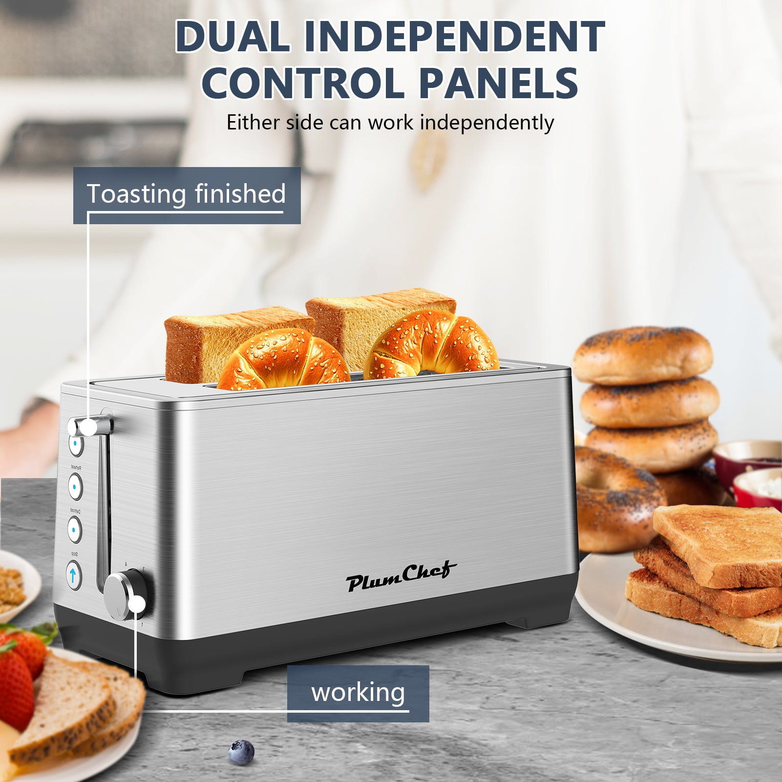 Plum Chef Long Slot 4 Slice Toaster 1600W, for Bagels & Waffles, 6 Browning Levels, 4 Basic Functions & Removable Tray, Kitchen Gadgets, Silver