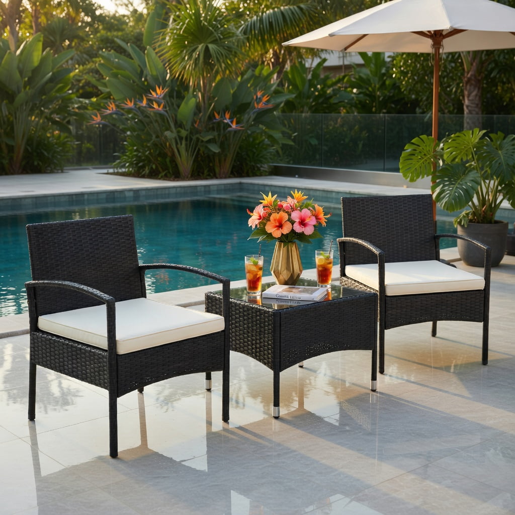 Hommoo 3-Piece Outdoor Wicker Patio Furniture Set, PE Rattan Chairs with Thick Cushions + Tempered Glass Coffee Table, Weather-Resistant for Backyard, Garden & Patio, White