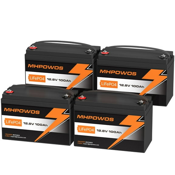 MHPOWOS 4 Pack 12V 100Ah LiFePO4 Lithium Battery, 100A BMS Deep Cycle Rechargeable Iron Phosphate Lithium Battery Perfect for RVs Boats Outdoor Camping Off-Grid Applications