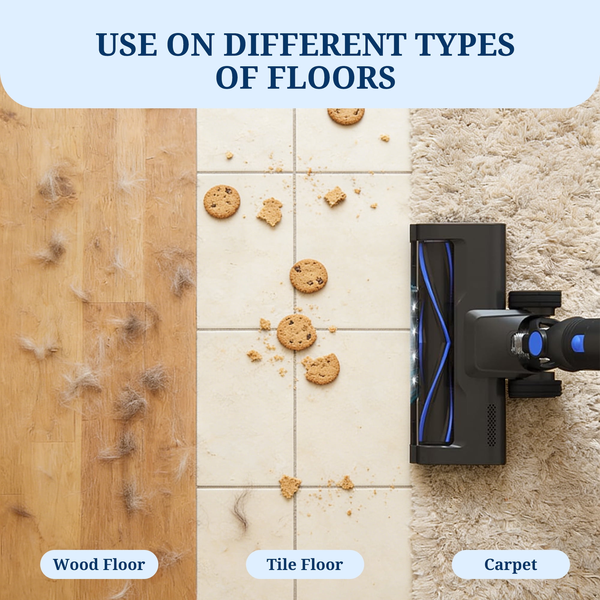 Atilioo Cordless Vacuum Cleaner for Home, Removable Handheld Lightweight Stick Vacuum with LED Headlights for Pet Hair, Hard Floor, Carpet, Blue