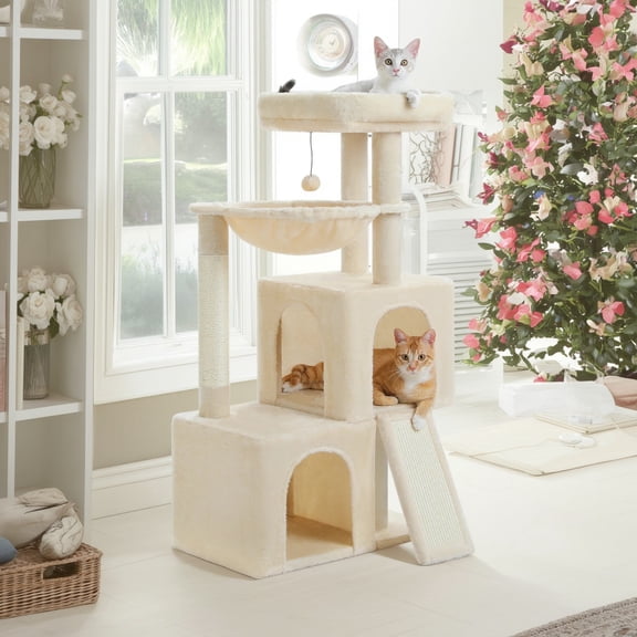Pefilos 41" Multi-Level Cat Tree Tower with 2 Condos for Indoor Cats, Cat House with Hammock, Padded Perch, Scratching Pad, Beige