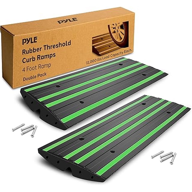 Pyle 8 ft. Rubber Curb Ramp Set, Pack of 2 Heavy Duty Non-Slip Threshold Ramps for Driveways, Garages, Sidewalks, Wheelchairs and Vehicle Access, Green Reflective Strips, 48.0’’x 16.0’’ x 2.6’’ Inch