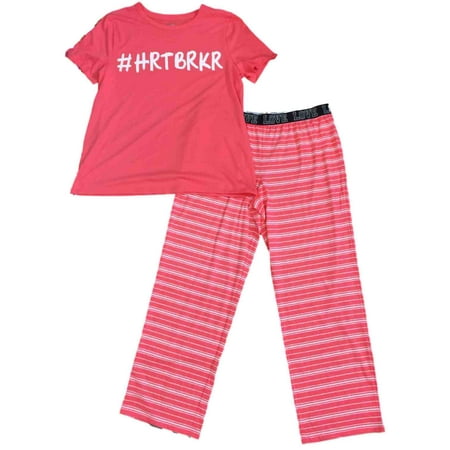 

Womens #HRTBRKR Coral Pink & White Striped Pajamas Hashtag Sleep Set Medium