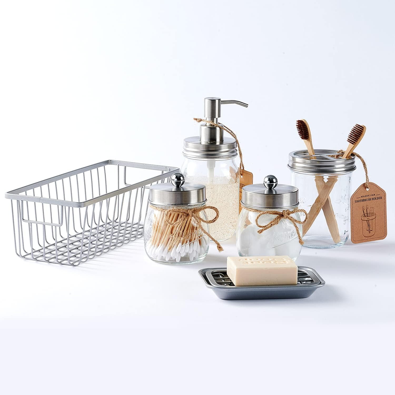 Ahot 6Pcs Bathroom Accessories Set Complete - Toothbrush Holder, Lotion Soap Dispenser, 2 Mason Jars, Soap Dish, Toilet Paper Basket, Rustic Farmhouse Decor (Brown, 6Pcs Bathroom Set)