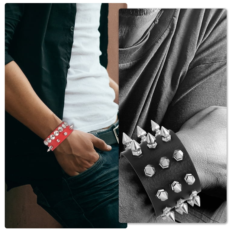 Uxcell 3Pcs Rock Punk Studded Leather Bracelet Set, 8.7