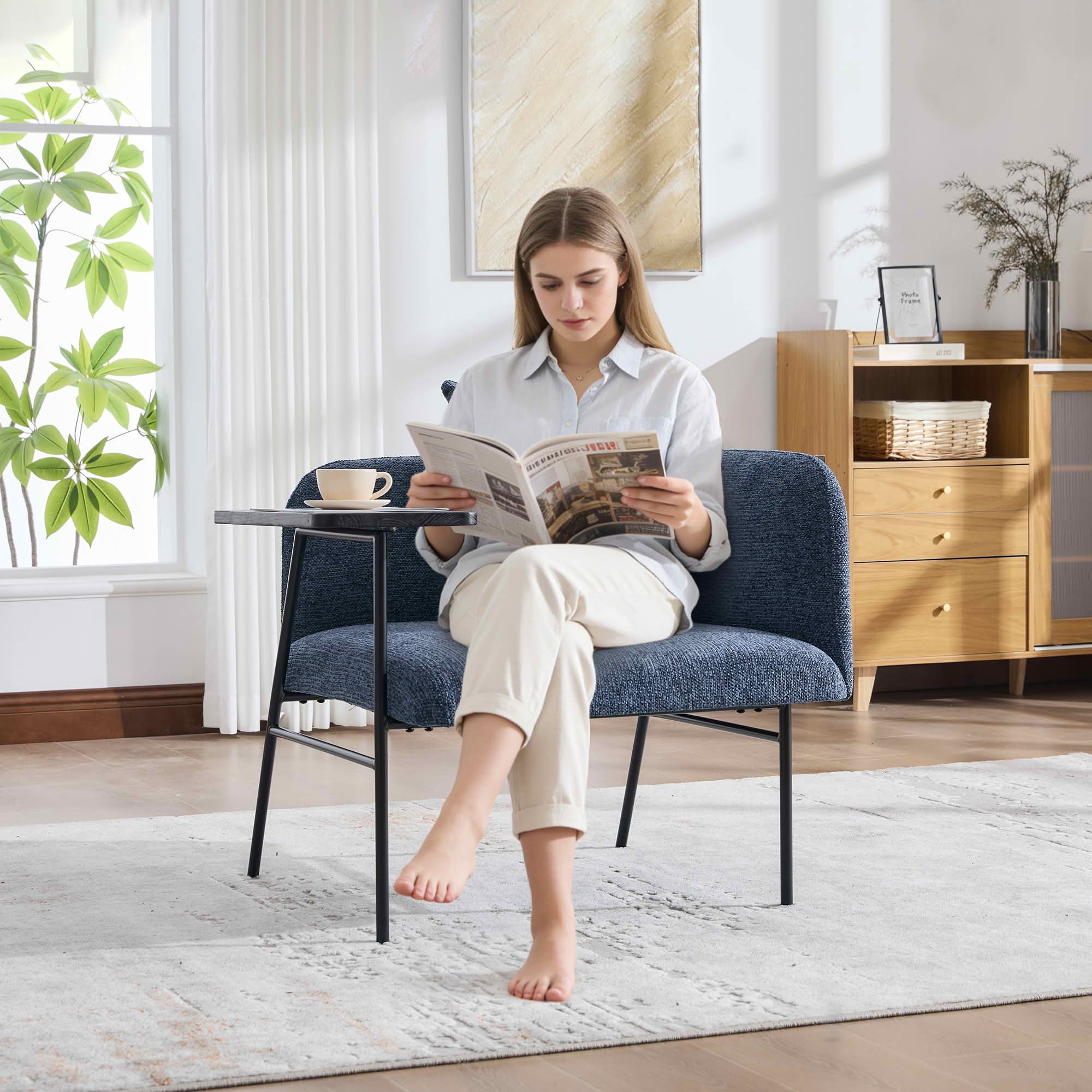 MAYEERTY Leisure Lounge Chair with Side Table & Back Pillow, Armchair, Navy, Living Room Bedroom