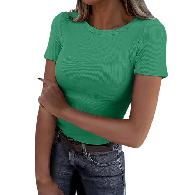 NINGMENG Womens Tops Solid Color Short Sleeve Crewneck Rib Knit Slim Fit Basic Summer Casual Trendy Tops Pullover T Shirts Holiday Wear,Green,M
