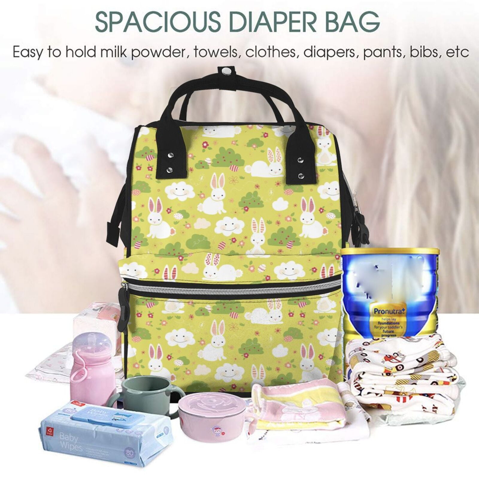 Ratiio Easter Bunny Mummy Backpack - Waterproof Twill Canvas, Large Capacity Diaper Bag with Multiple Pockets and Adjustable Straps