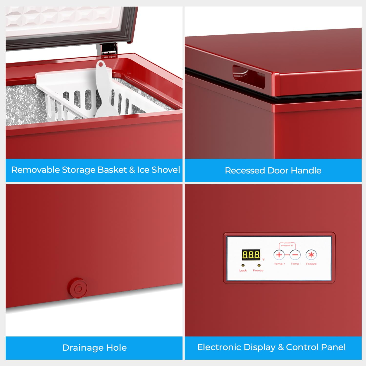 Auseo 3.8 Cu.Ft Chest Freezer Low Temperature Freezer with Removable Basket,Free Standing Top open Door Deep Freezer, Adjustable Temperature for Home, Basement, Kitchen, Red