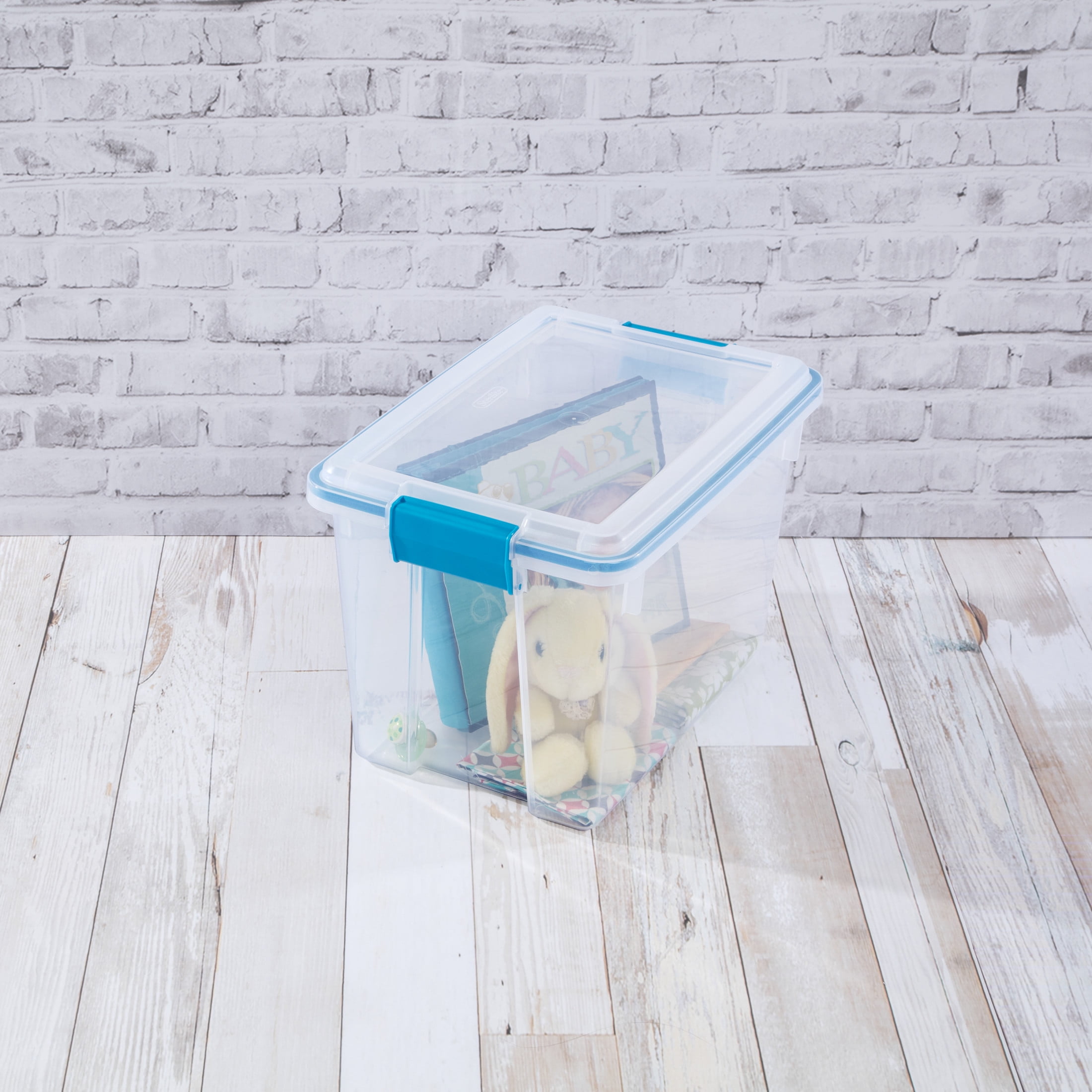 Sterilite Small Storage Bin, 20 Quart Clear Weather-Resistant Plastic Storage Container with Gasket and Latch Lid, Blue