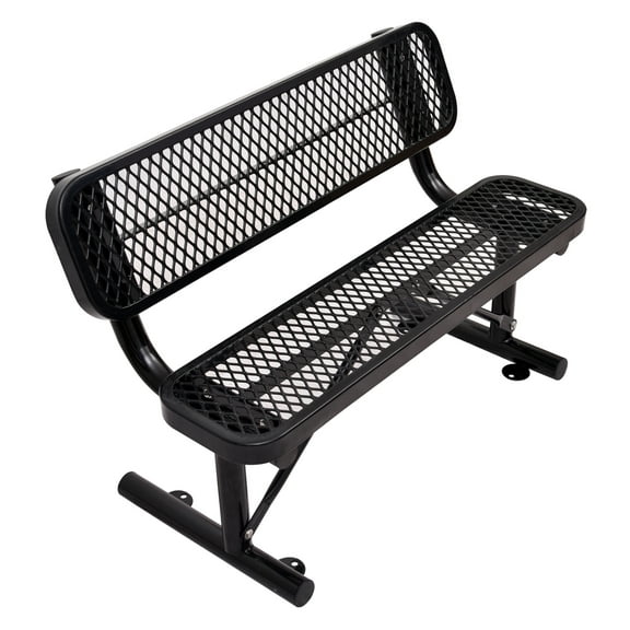 4ft Steel Outdoor Bench - Black Perforated Metal Patio Bench with Backrest - Heavy Duty Park Bench for Garden, Lawn, Deck