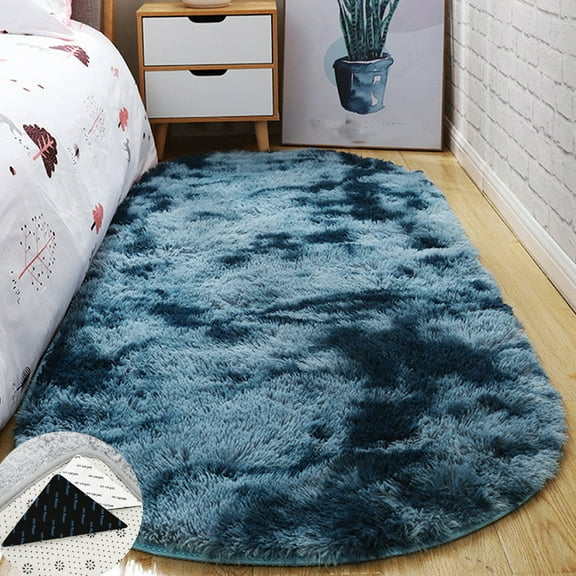 FUDAKUNA Fluffy Area Rug Oval 31" x 63" Shaggy Gradient Dark Blue Fuzzy Carpet Non Slip Backing Absorbent Soft Plush Floor Mats