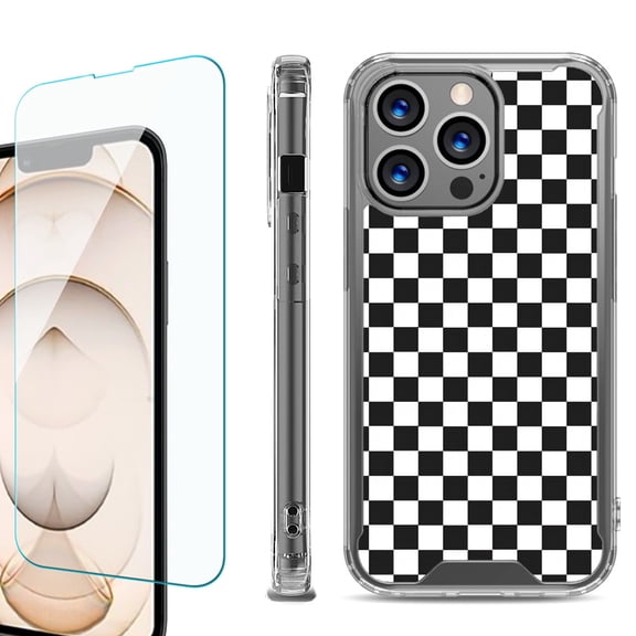 Shockproof Bumper Phone Case for iPhone 13 Pro Max, with Tempered Glass Screen Protector, by OneToughShield ® - Checker B/W