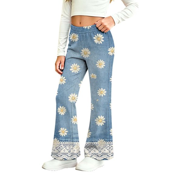 MuXiKeJi Clothes Baggy Jeans Kids Cute Print Elastic Waist Wide Leg Flared Denim Pants Regular Fit Long Casual Bottoms Girls Jeans Pants