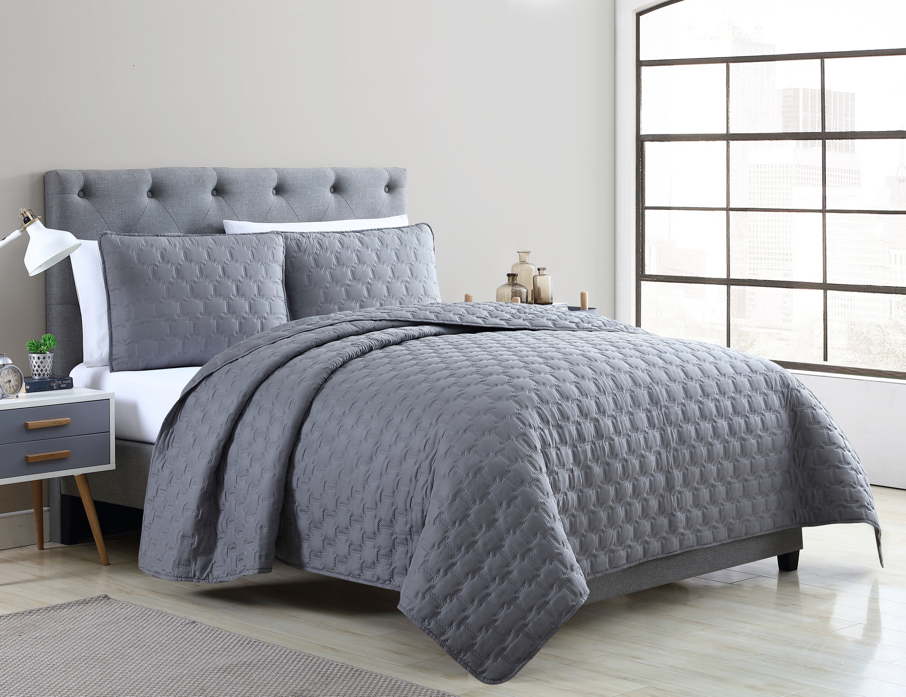 VCNY Home Maxwell Solid Pinsonic Twin/TwinXL Quilt Set, Grey Walmart