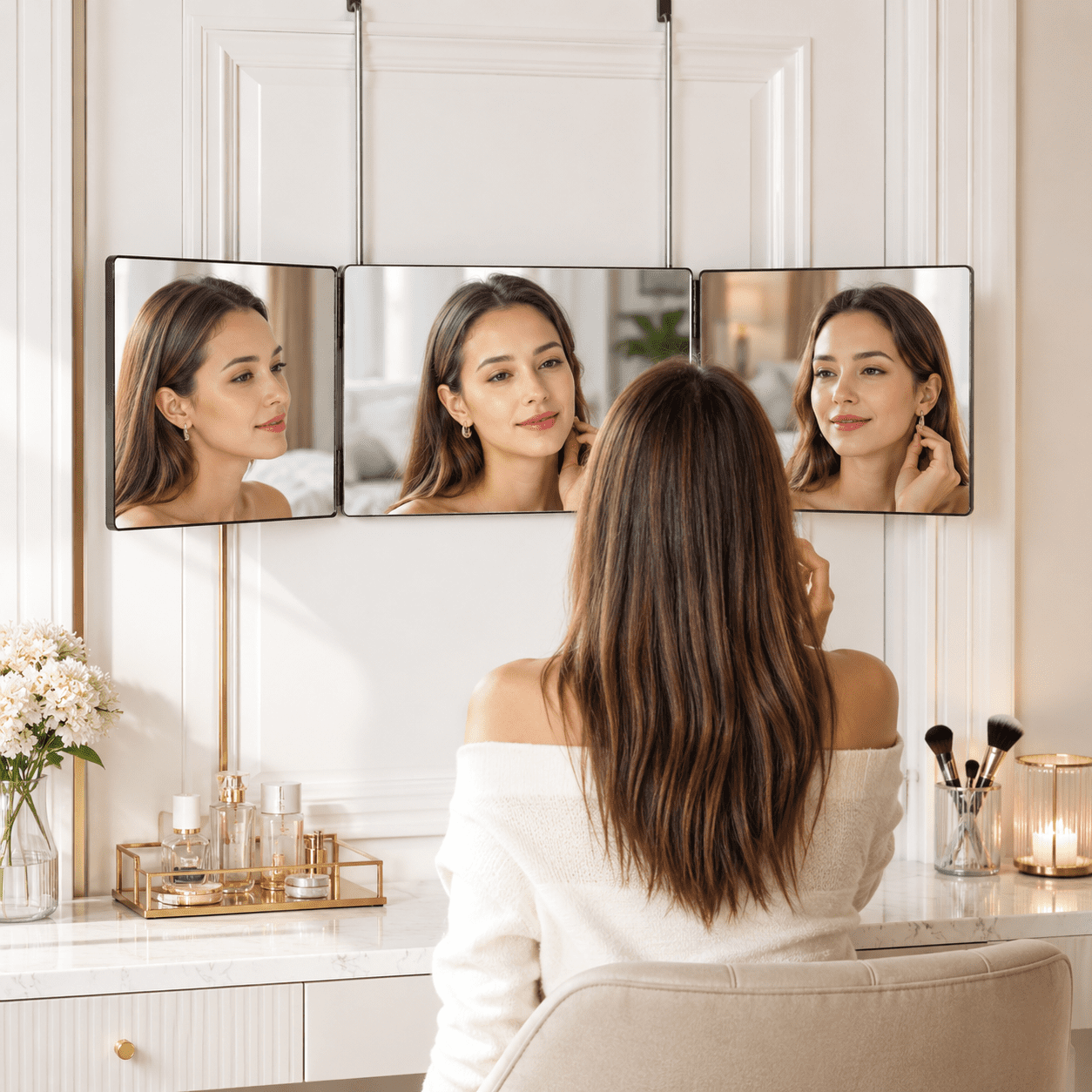3 Way Mirror for Self Hair Cutting, 360° Adjustable Trifold Mirror, Hanging Self Barber Mirror with Telescoping Hooks, Portable Styling Mirror (Black)
