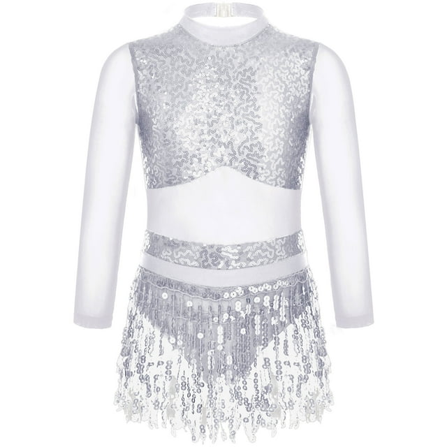 Venjoe Robe de Danse Latine à Manches Longues pour Filles Jupe à Sequins Tutu Justau Ballet Argent 6